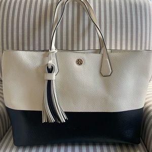 Tory Burch Perry Black and White Leather Tote Bag